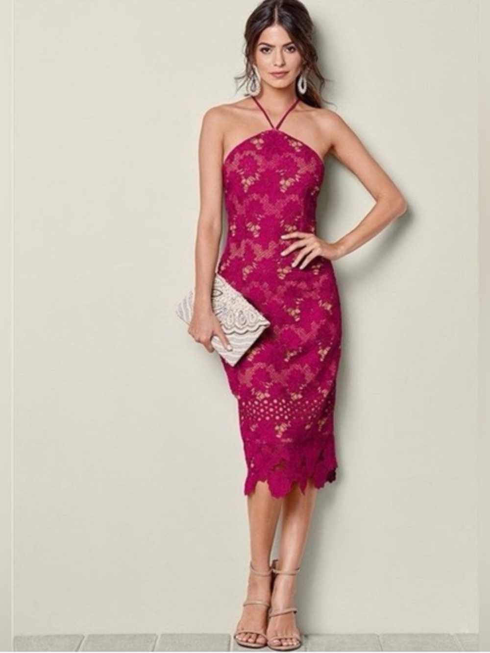 VENUS Raspberry Lace Halter Midi Dress